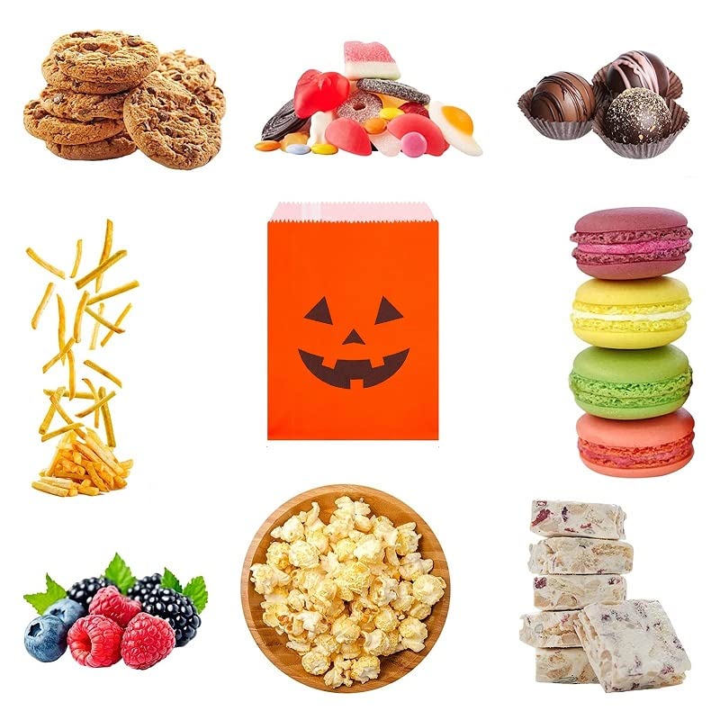 JUTTIRA 100 Pack Kraft Paper Treat Bags 5x7 Halloween Cookie Bags Mini Halloween Candy Buffet Bag Small Pumpkin Trick Or Treat Bags Flat Glassine Style Bag for Candy Cookies Party Favor