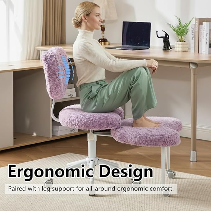 Cross Legged Office Chair with Wheels–360°Swivel Meditation Chair, Adjustable Height Yoga Office Chair for Adults, Ergonomic Kneeling Chair with Back Support for ADHD, Faux Fur, Violet