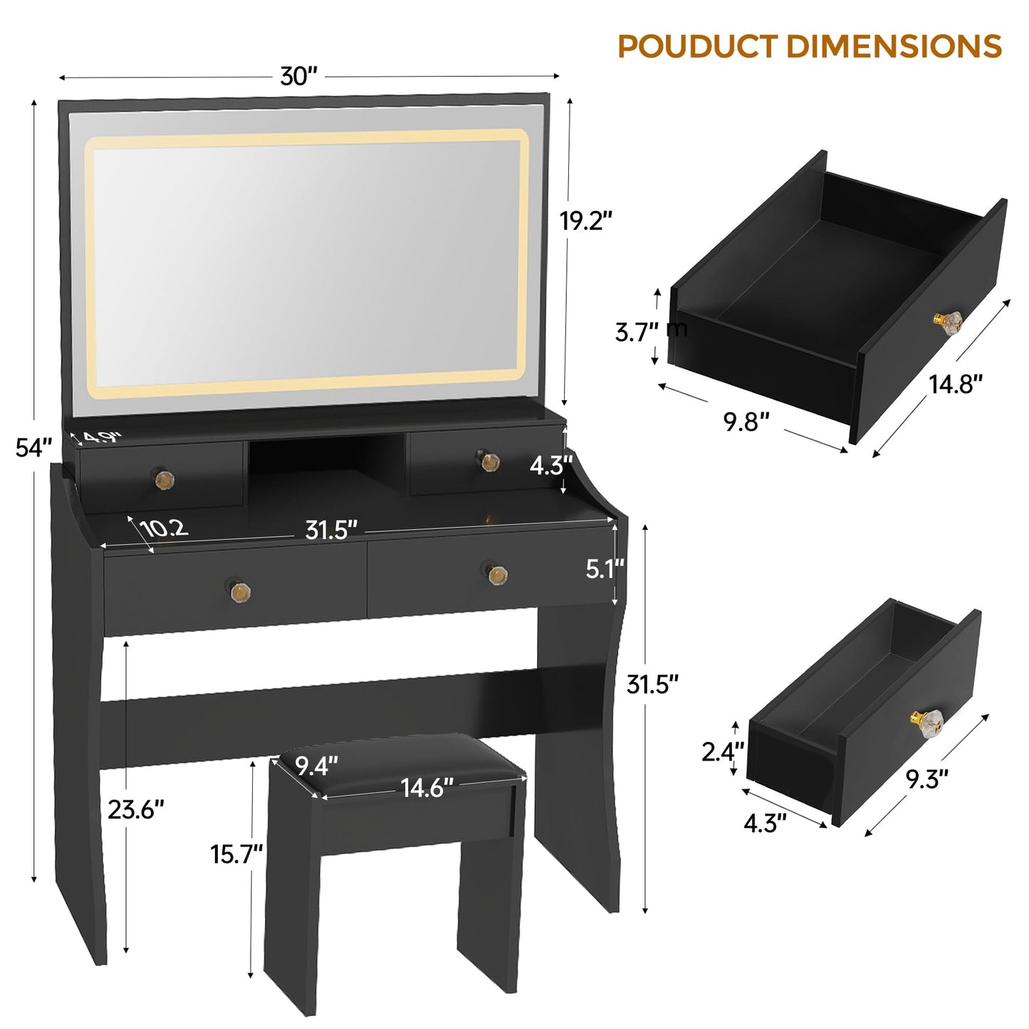 COMHOMA Makeup Vanity Desk with Mirror and Lights, Vanity Table and Chair Set with 4 Drawers and Charging Station, Bedroom Dresser LED Mirror Stepless Dimmable & 3 Color Modes Adjustable, Black