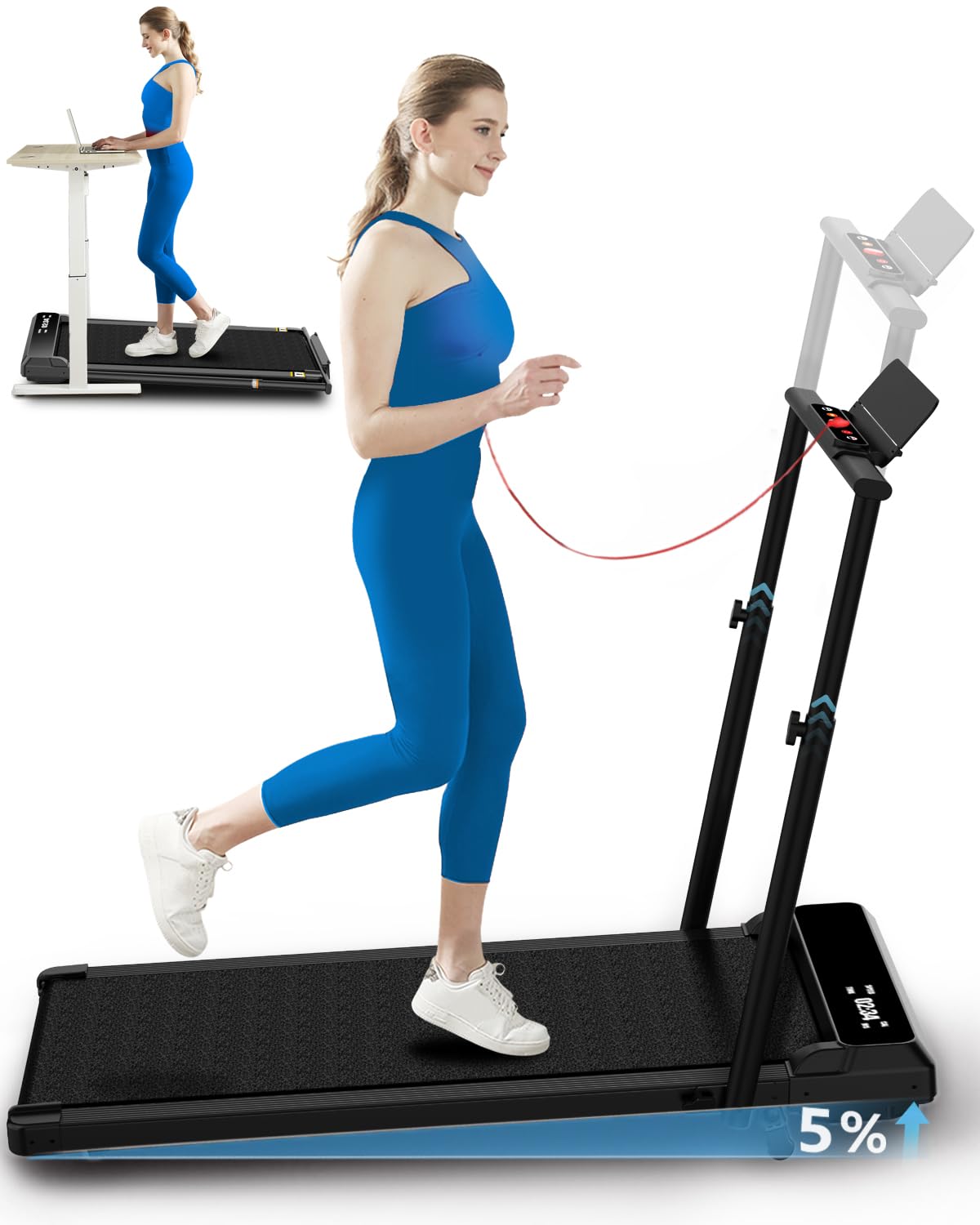 Ueadcm Walking Pad with Adjustable Handle Bar, Walking Pad Under Desk Treadmill with Remote Control and LED Display, 3 in 1 Foldable Treadmill for Home and Office, 2.5 HP Walking Pad with Incline