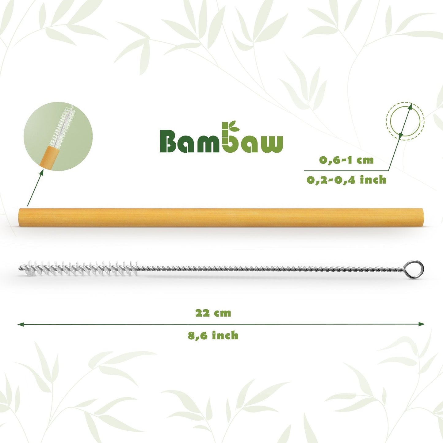 Bambaw Reusable Bamboo Straws - Eco Friendly with Straw Cleaner Brush & Pouch, Pack of 6 - 8.7''