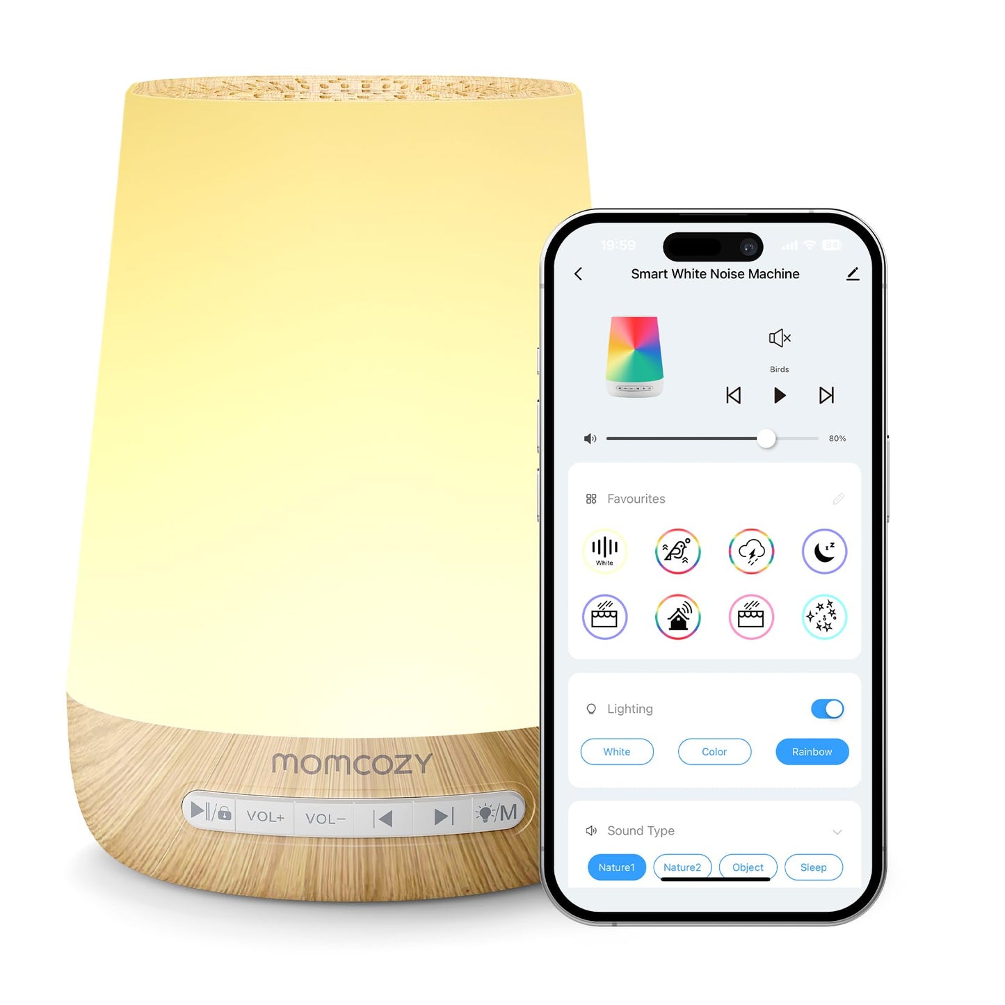 Baby Sound Machine, Momcozy White Noise Machine for Baby Sleeping with Night Light, Toddler Sleep Trainer with 34 Soothing Sounds, Timer, App Remote Control, Personal Sleep Routine(Wood Grain)
