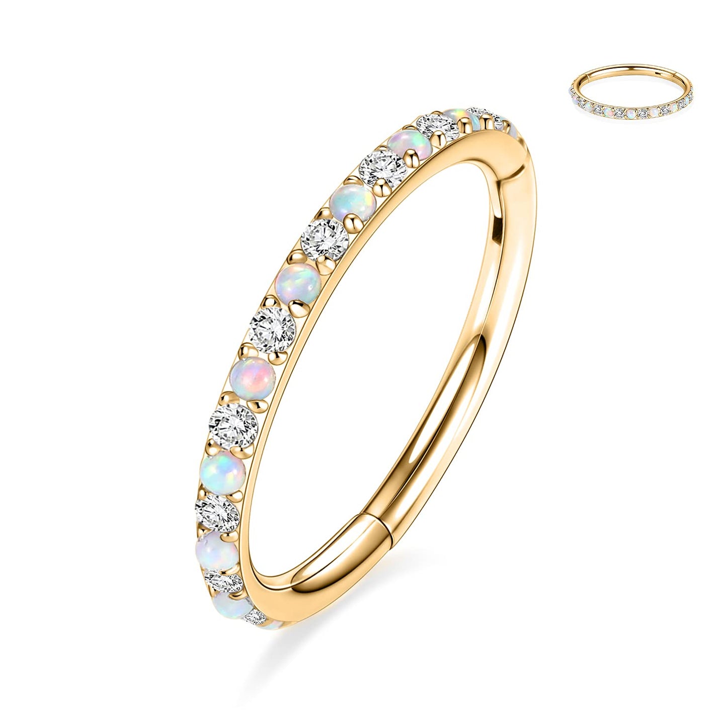 16 Gauge Hoop Septum Clicker Gold 6mm Helix Earring Surgical Steel Nose Clicker Opal&CZ Paved 16g Rook Piercing Jewelry Hinge Ca