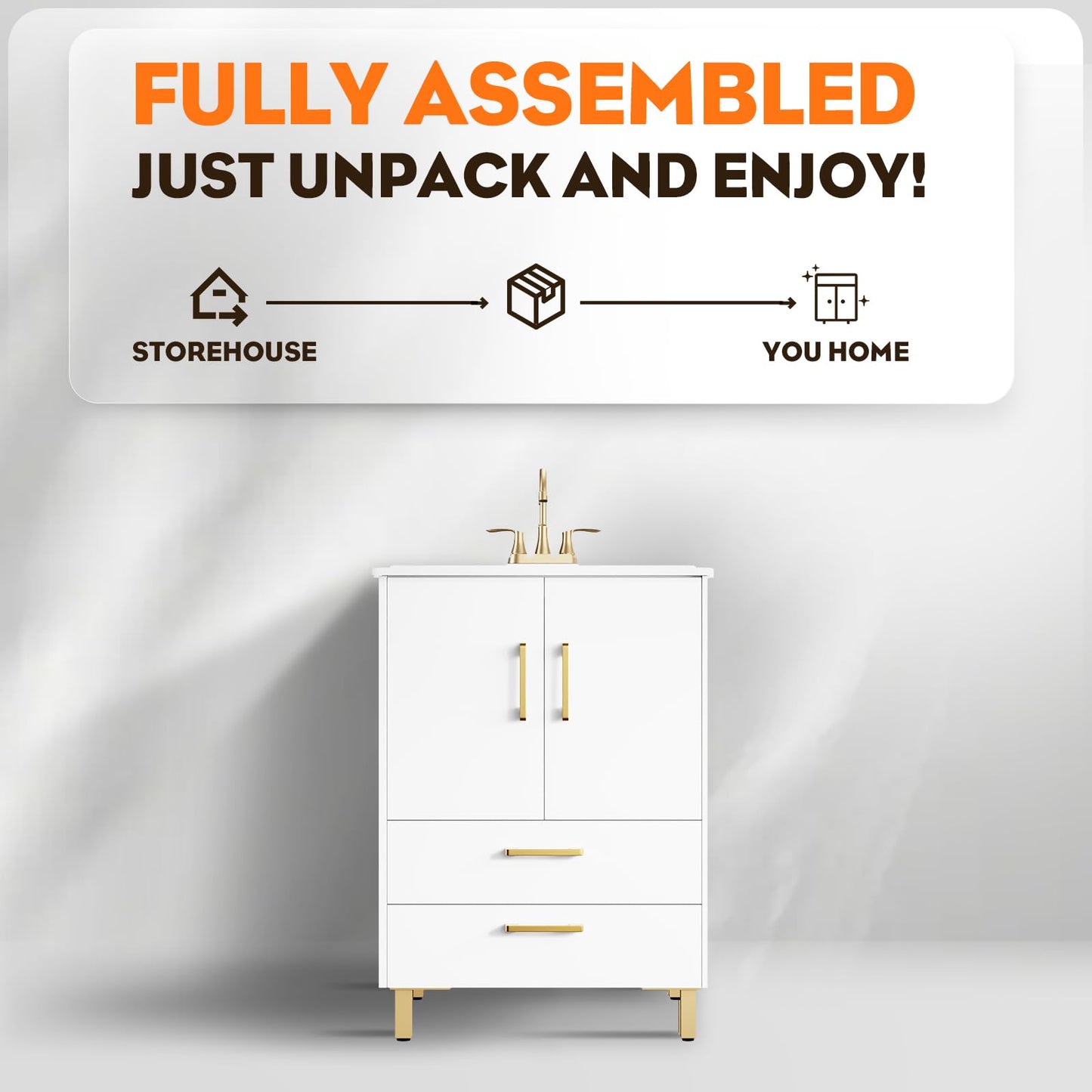 phiestina Fully Pre-Assembled 24 Inch White Bathroom Vanity with Ceramic Sink Combo, 2 Soft Close Doors and 2 Drawer Bathroom Storage Cabinet Set, BV02-WHITE-JH