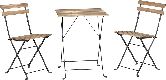Folding Patio Bistro Set – 3-Piece Acacia Wood and Steel Café Table and Chairs for Porch, Deck, Garden, or Balcony Furnitu...