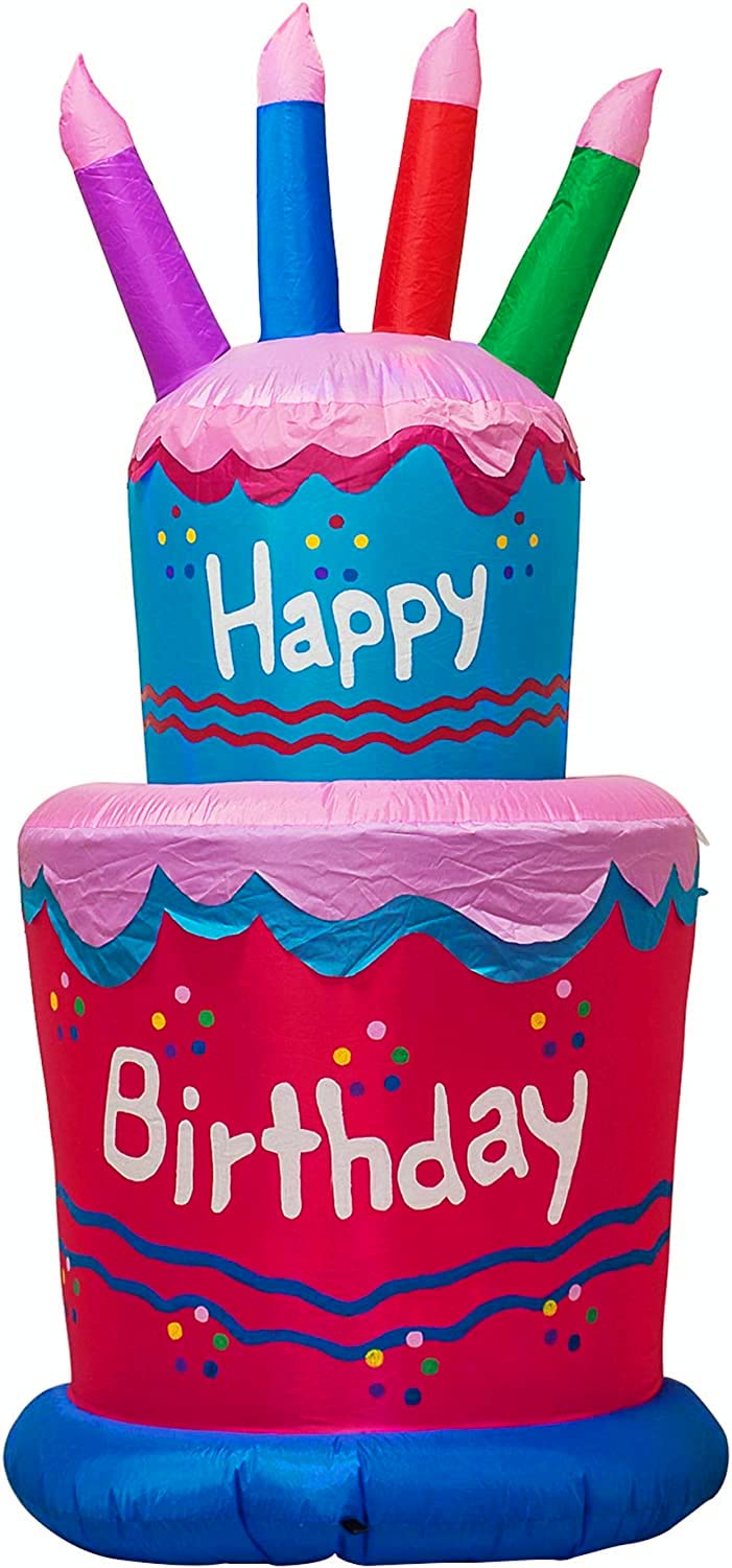 6FT Inflatable Birthday Cake Decoration,Birthday Blow up Cake Outdoor Decor with LED Lights，Light-up Happy Birthday Sign for Yard Lawn, Inflatable Outdoor Holiday Yard Decoration(Blue & Pink)