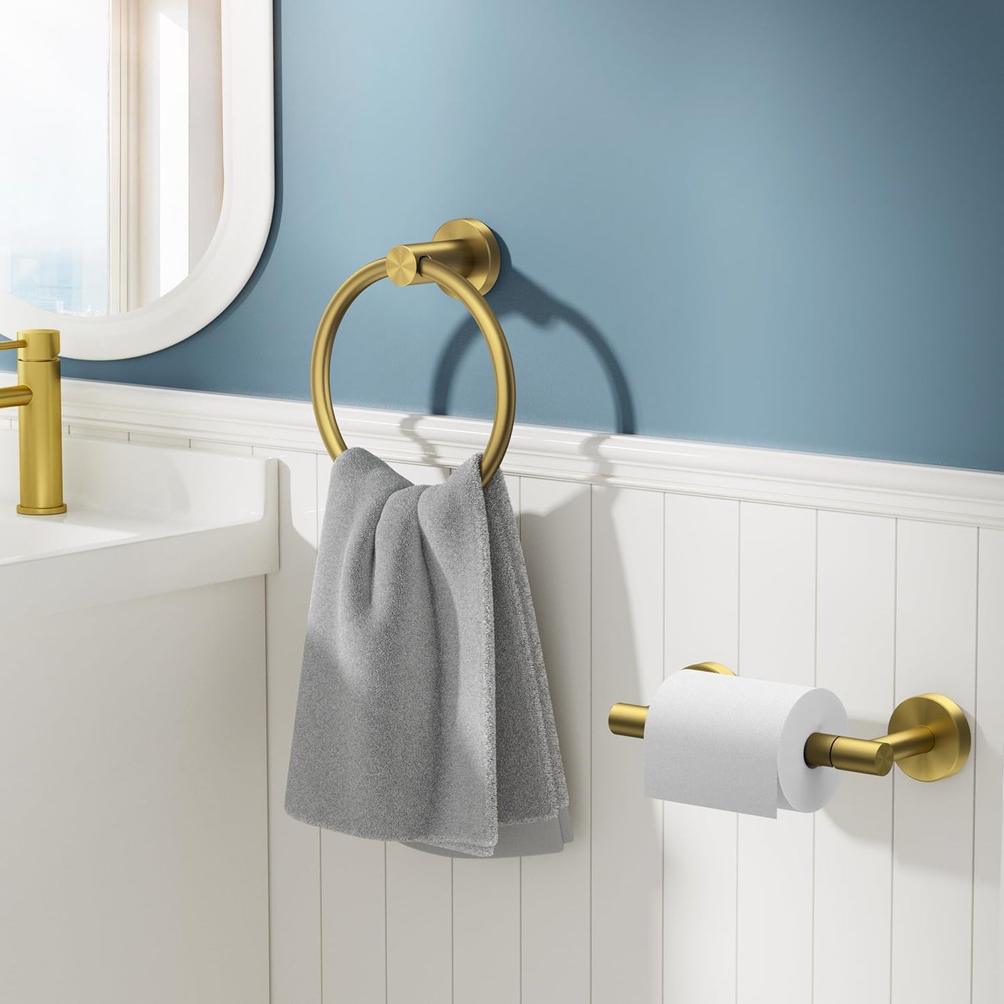 FORIOUS Toilet Paper Holder Wall Mount, SUS304 Stainless Steel Double Post Pivoting Tissue Roll Holder and Hand Towel Ring Set for Bathroom, RV, Bathroom Hardware Accessories Set, Brushed Gold