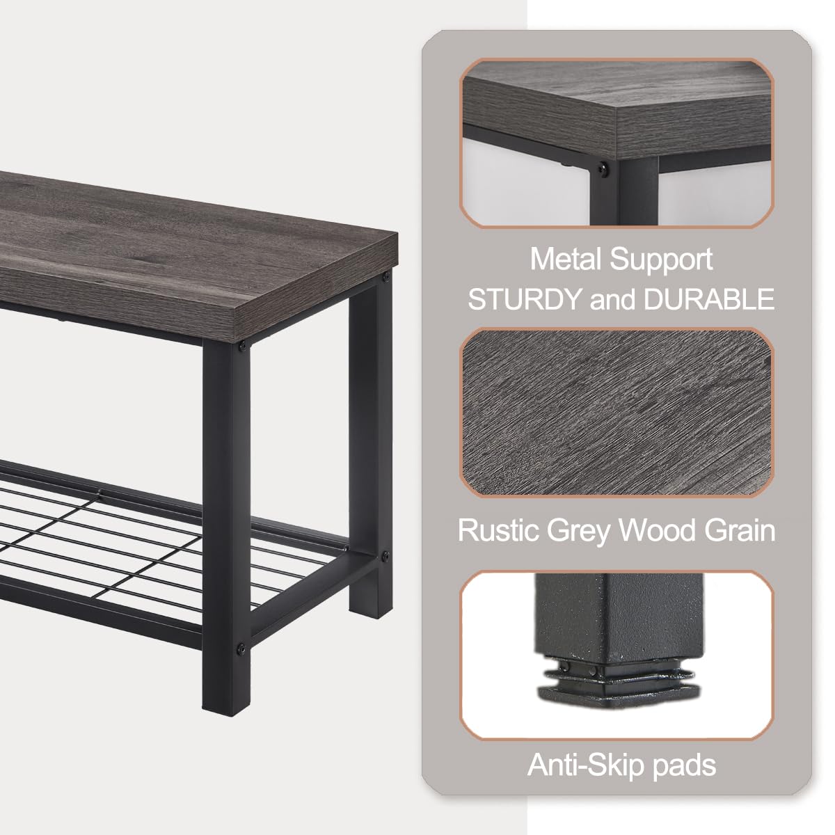 EXCEFUR Entryway Bench, Industrial Metal and Wood Storage Bench for Living Room, Indoor Shoe Rack Bench Seat, 43.3 Inch Grey