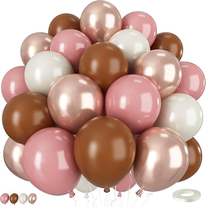 Dusty Pink and Brown Balloons, 50PCS 12Inch Boho Balloon with Blush Pink and Brown Rose Gold White Sand Latex Balloons for...