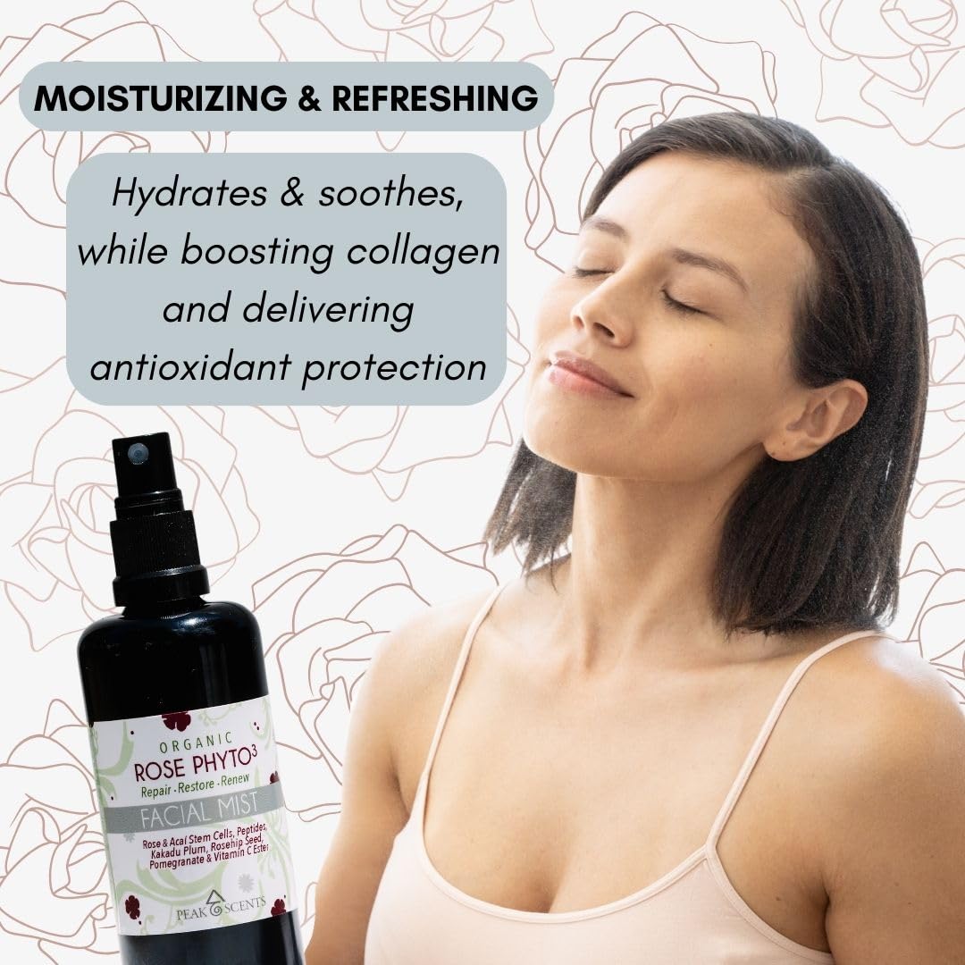 Organic & Vegan Rose Phyto³ Water Facial Spray - Moisturizing Face Mist & Setting Spray, Soothing, Hydrating Mist Rose Water For Face - Great for Facial Massaging (4 oz)