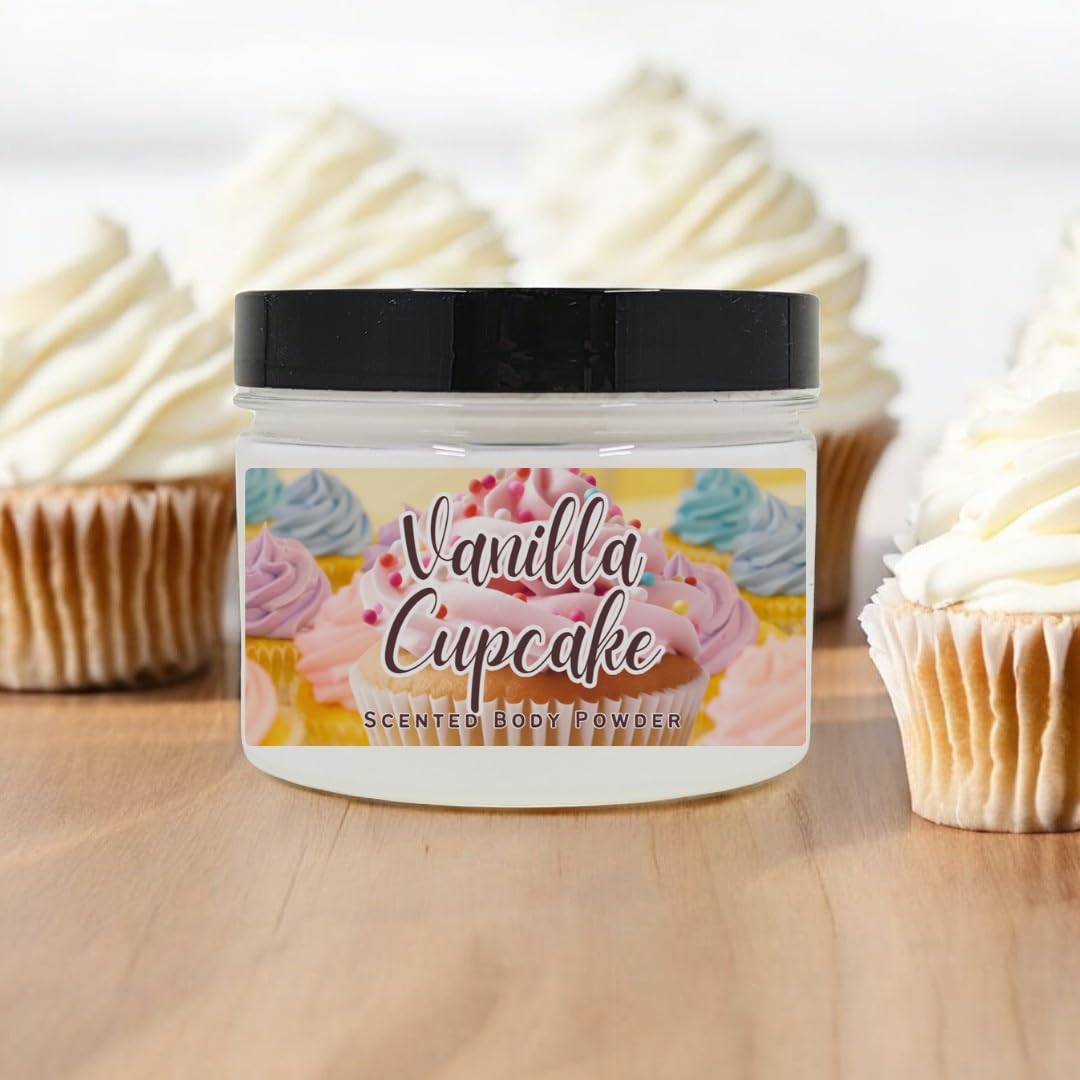 Body Powder for Men & Women Scented Vanilla Cupcake, Bath Perfume Dusting Powder with Fragrance & Essential Oils, Talc Free 8oz Container, Made in USA