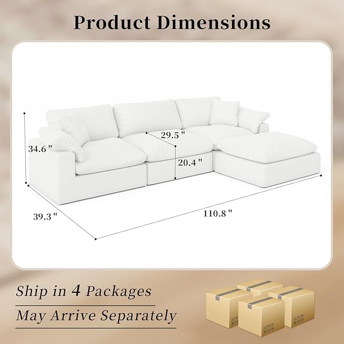 Forest aesthetics Modular Sectional Sofa Cloud Couch,Down Filled Comfy Cloud Modern Sofa,White Linen L Shape Oversized Couch Cushion Covers Removable Furniture for Living Room