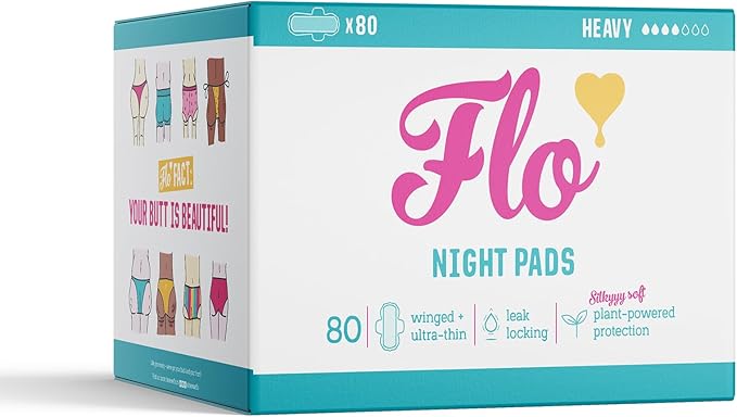 Flo - Night Menstrual Pads (80 Pack) - Heavy Flow - Leak Locking - Winged + Ultra-Thin - Natural, Absorbent, Soft, & Breathable - Bamboo Period Pads for Women - Plant Based - Vegan & Cruelty Free