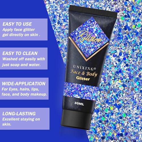 Body Glitter Gel, Face Glitter Gel,Hair Glitter, Holographi Sparkling Glitter Gel for Makeup, Chunky Glitter Concerts Musi...