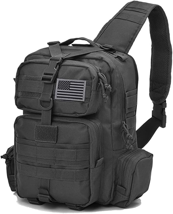 REEBOW GEAR Tactical Sling Bag Military Style Single Shoulder Sling Pack (Black with flag patch)