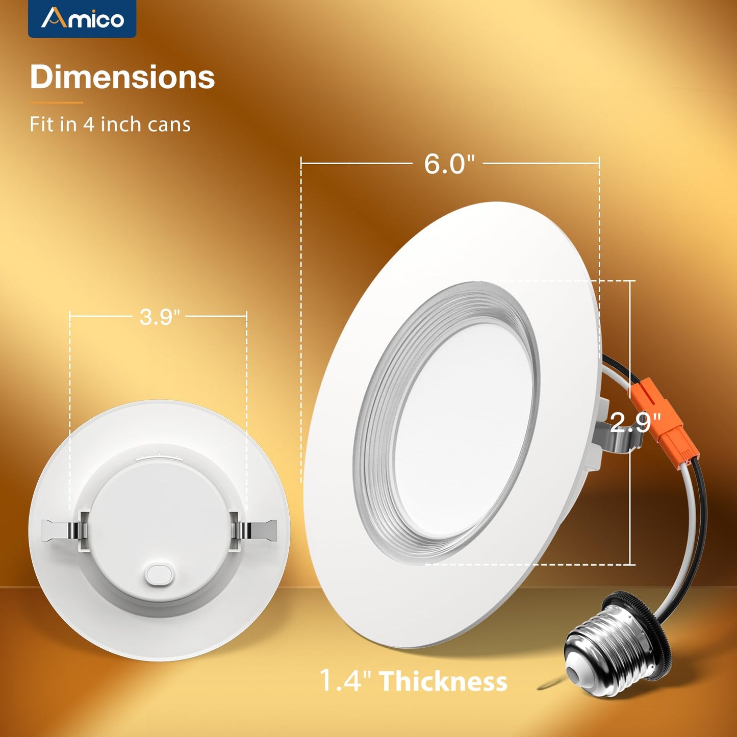 Amico 12 Pack 4 inch 5CCT LED Recessed Lighting with Night Light, 8W=60W, 700LM Can Lights with Baffle Trim, Dimmable, Retrofit Downlight, 2700K/3000K/3500K/4000K/5000K Selectable - ETL & FCC