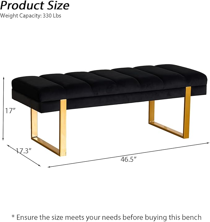 AIITTCC Velvet Ottoman Bedroom Bench, 46.5" Tufted Padded End of Bed Bench with Gold Legs, Upholstered Shoe Bench for Living Room Entryway Window (Black, 46" Wide)