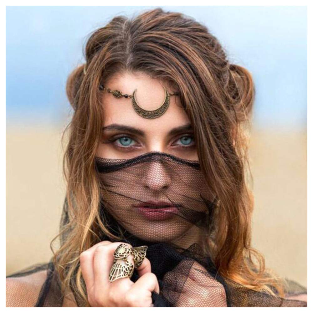 Aimimier Viking Crystal Head Moon Circlet Headpiece Crescent Forehead Chain Halloween Crystal Headband Prom Hair Jewelry for Women (Retro Gold)