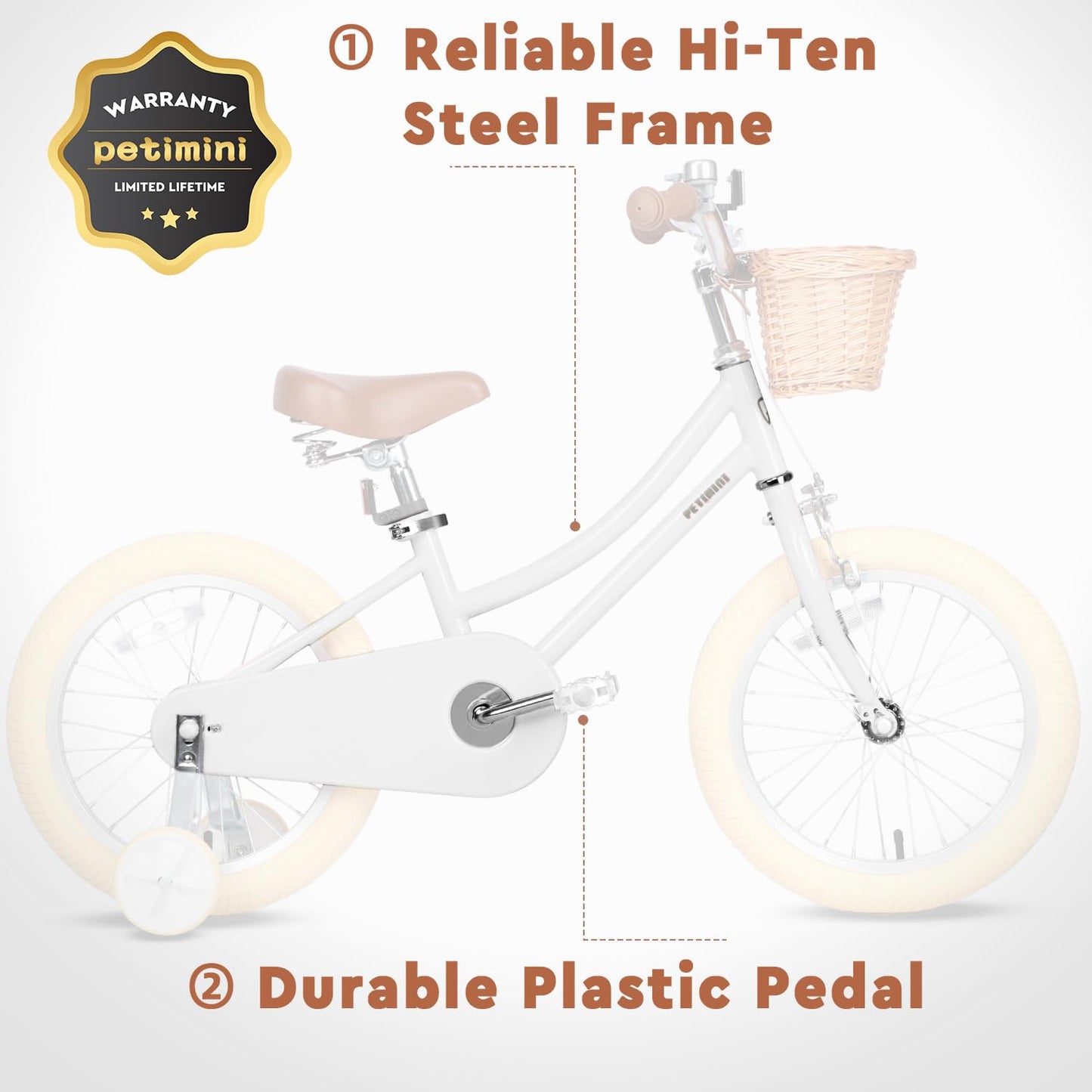 Petimini 16 Inch Little Kids Bike for Age 4 5 6 7 Years Old Girls Retro Vintage Style Bicycles with Basket Training Wheels and Bell, White