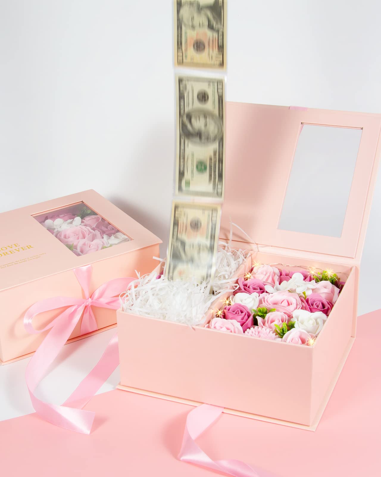 SDALU Money Pull Box for Cash Gift - Luxury Money Pull Out Flower Gift Box with Lid Flower and Ribbon, Unique Birthday Gift Box for Wife, Girlfriend, Mother, Friend
