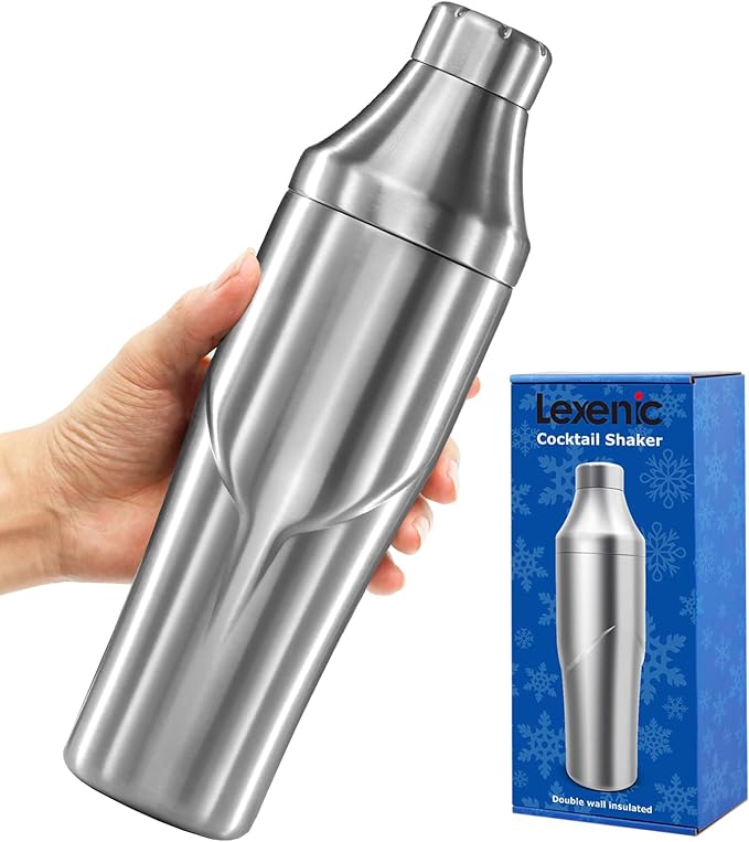 Lexenic 24oz Cocktail Shaker - Insulated Double Wall Keep Drink Chilled - No Stuck Twist Lid,Leakproof and Built-in Strain...