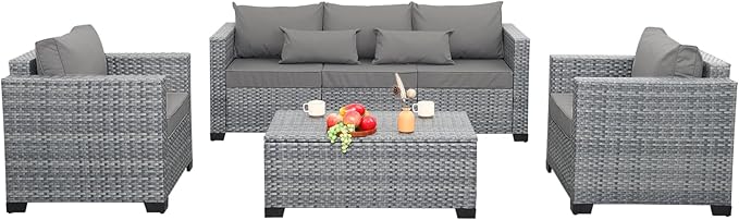 4 Piece Wicker Patio Furniture Sets Outdoor Conversation Set PE Rattan Sectional Sofa Couch with Storage Table and Grey Cushions