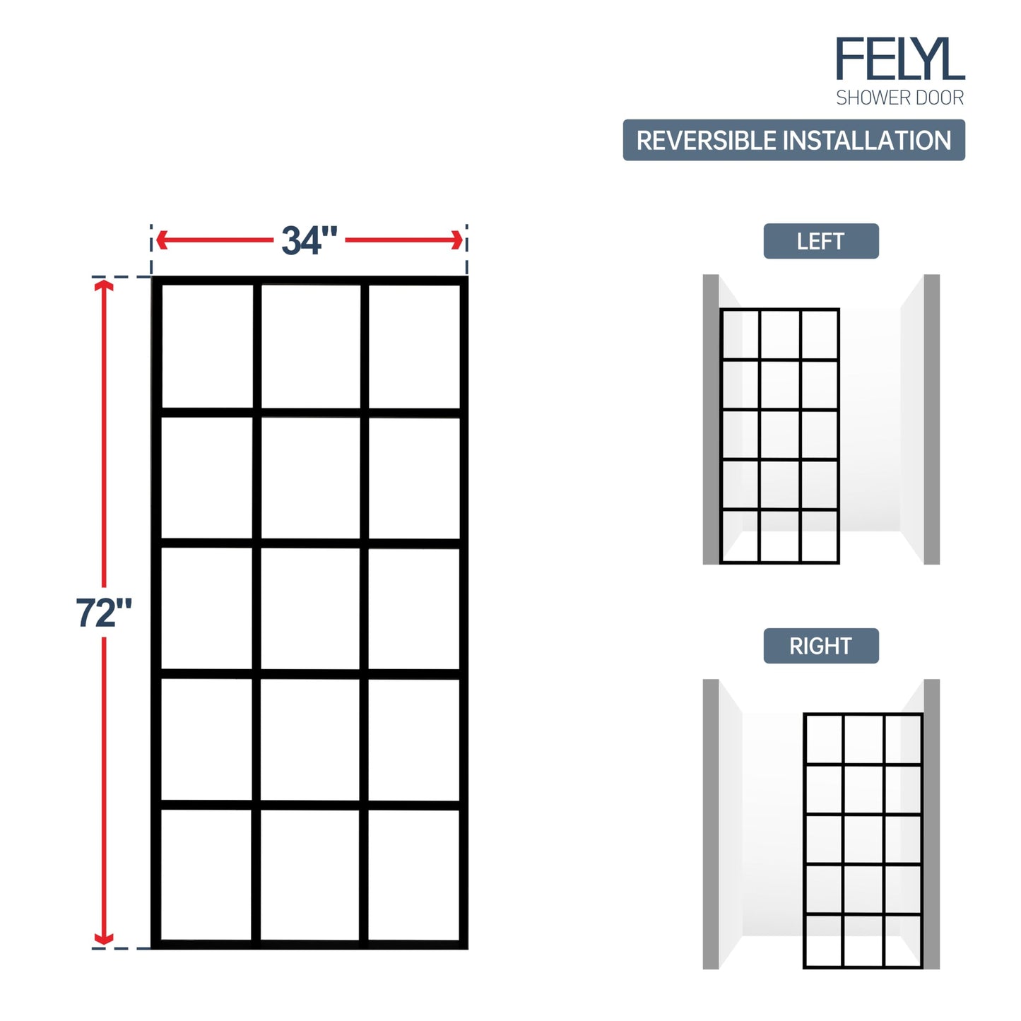 FELYL Black Grid Shower Glass Panel 34" W x 72" H, Matte Black, Framed Fixed Glass Panel, 5/16" (8mm) SGCC Tempered Glass, Reversible Installation
