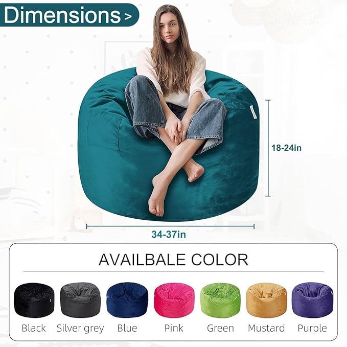 HABUTWAY Bean Bag Chair 3Ft Luxurious Velvet Ultra Soft Fur with High Rebound Memory Foam Bean Bag Chairs for Adults Plush Lazy Sofa with Fluffy Sponge 3' (Sea Blue)
