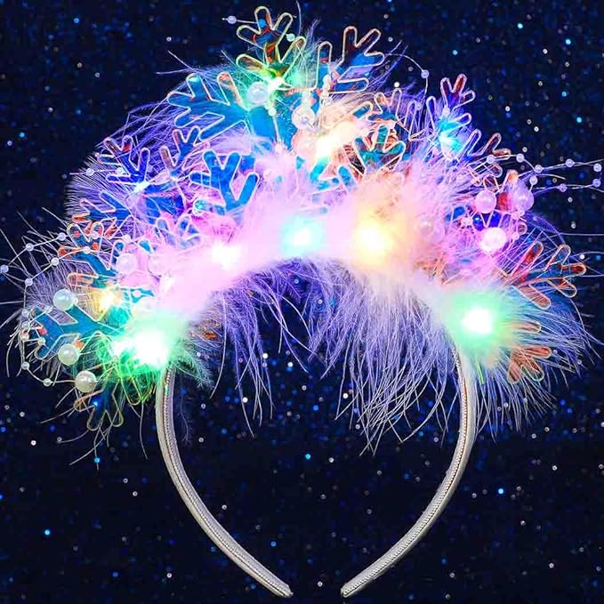DRESBE Christmas Light Up Snowflake Headband LED Feather Pearl Headbands Glow Xmas Hair Accessories for Women