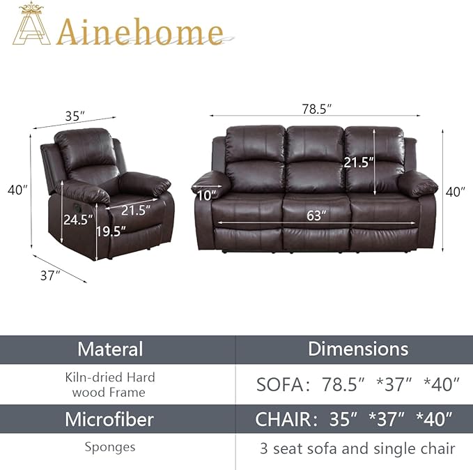 A Ainehome Living Room Furniture Set Leather Recliner Sofa Set Loveseat Chair Furniture Sofa Set for Living Room/Small Space/Rv/House/Office/Theater Seating (A-Brown Leather, Sofa+Chairs)