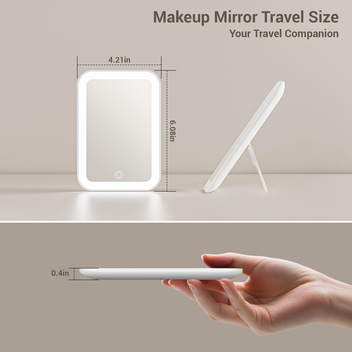 Kintion Travel Makeup Mirror, 6*4.2 Rechargeable Portable LED Lighted Tabletop Vanity Mirror, 3 Colors Touch Dimmable Compact Mi