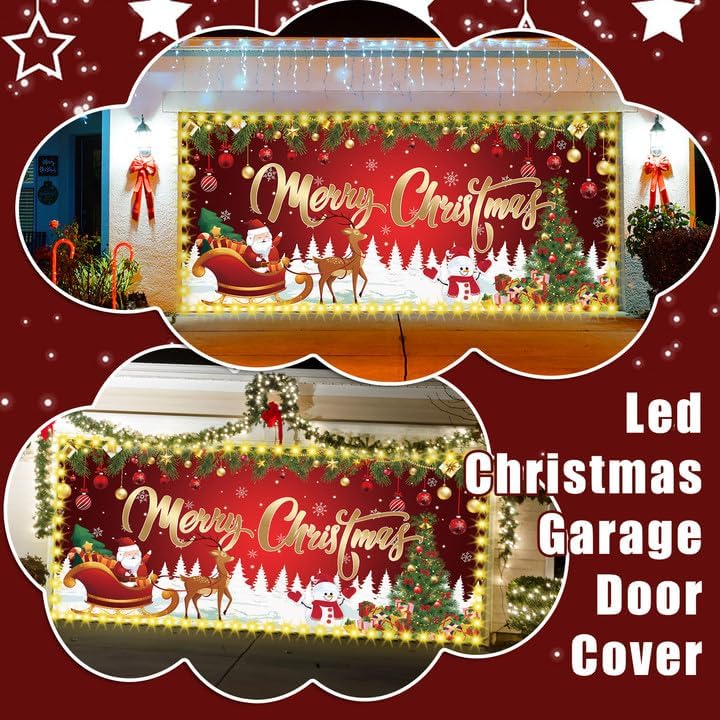 YLOLUL Led Christmas Garage Door Cover 6 x 13 ft Large Hanging Backdrop Door Banner with Light Merry Christmas Garage Wall...