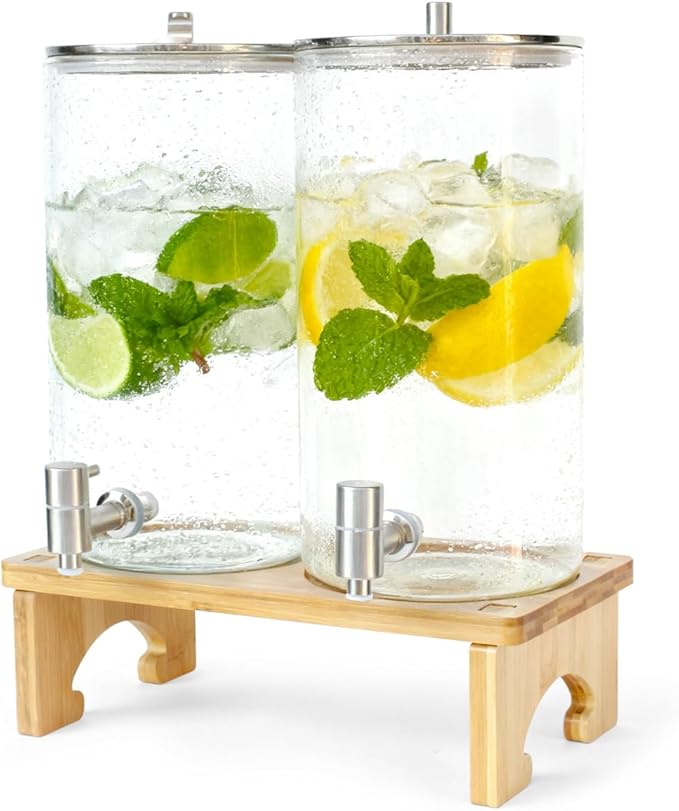 2 Pack 1.5 Gallon Drink dispenser with Stand，Glass Beverage Dispenser With Wood Stand, 18/8 Stainless Steel Spigot and Lab...