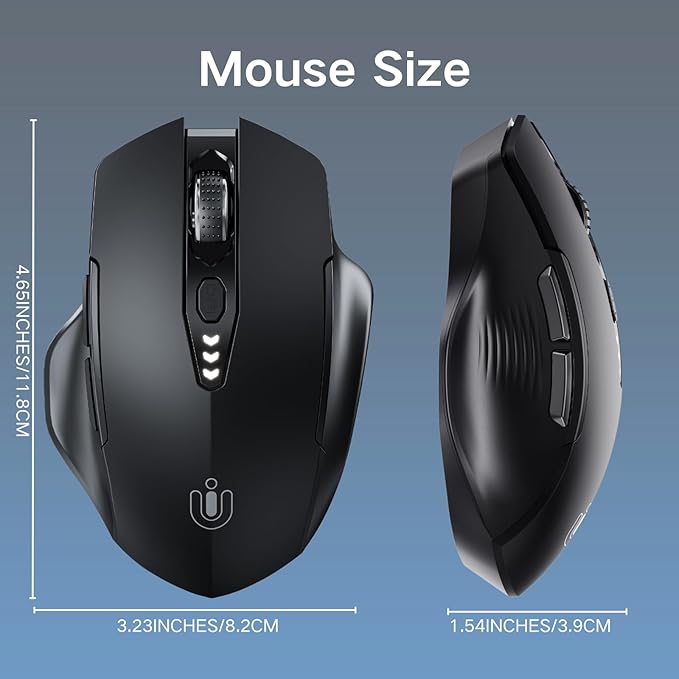 Uineer Wireless Bluetooth Mouse,[Upgraded] Rechargeable (BT 5.0/4.0+2.4G Hz),Computer Mouse with Visible Battery Level, 4 Adjustable DPI, Portable PC Mouse for MacBook Chromebook,Black