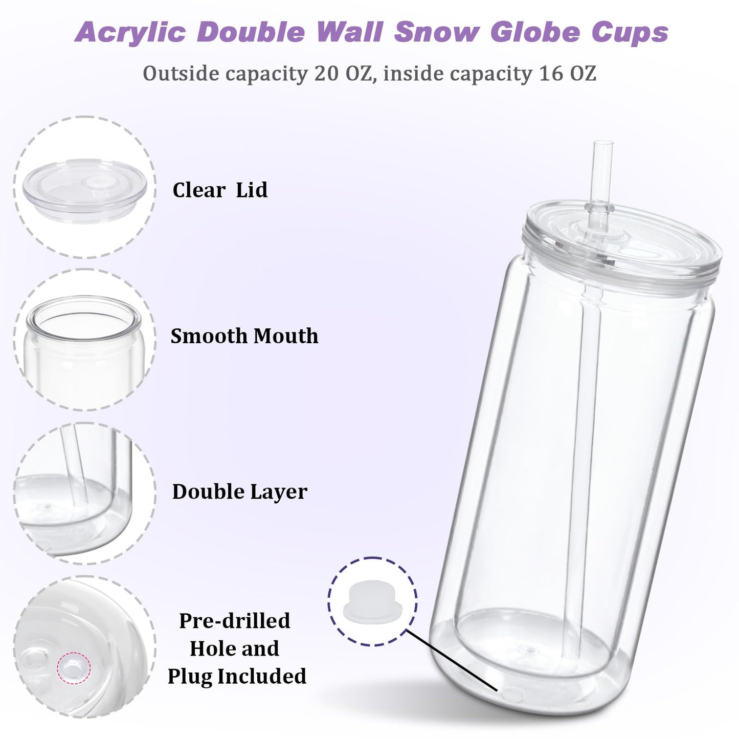Micellwuu 20 oz Acrylic Snowglobe Tumbler, 8 Pack Double Wall Snow Globe Cups with Pre Drilled Hole, Plastic Mason Jar Cups Can for Snow Globe Glitter DIY (Clear)