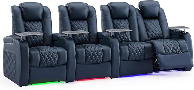 Weilianda Home Theater Seating Top Grain Leather Zero Gravity Recliner Chair Power Headrest Recline Movie Seat Gaming 7 Colors Mood Light Sofa with Tray Table USB Charge Row of 4 Loveseat Right Blue