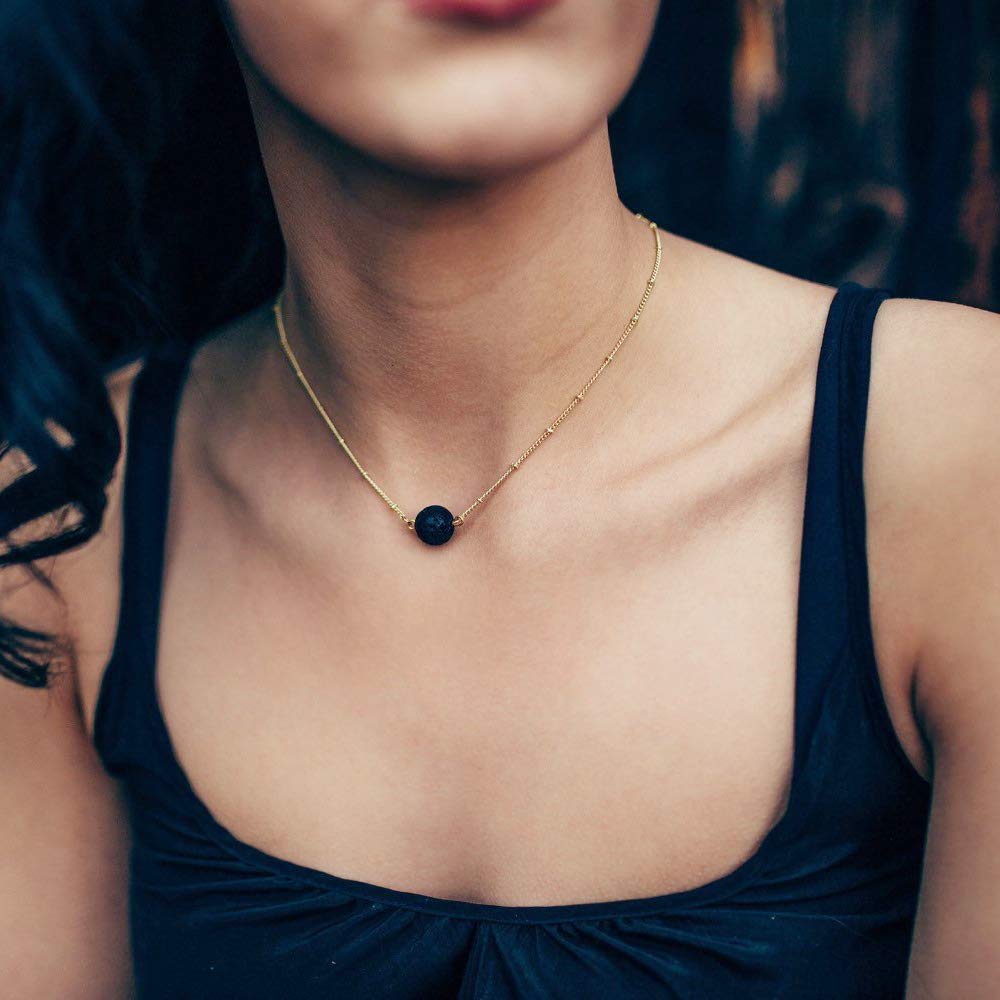 Aobei Pearl Lava Stone Pendant Necklace 18K Gold Satellite Chain Choker Essential Oil Diffuser Jewelry for Women 16''
