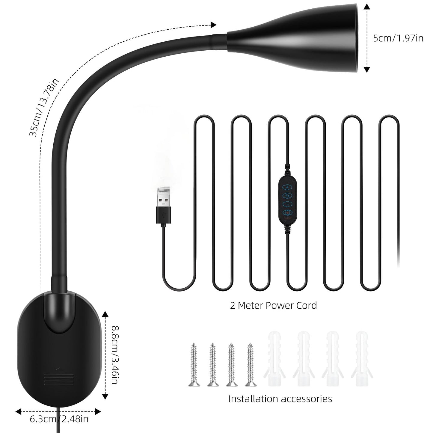 LiFMIRA Wall-Mounted LED Bedside Reading Light with USB Charging Port, 10-Level Dimmable & Adjustable 5 Color, Plug-in Adhesive Night Lamp for Books in Bed, Eye-Caring Bedroom Lighting (Black 2 Pack)