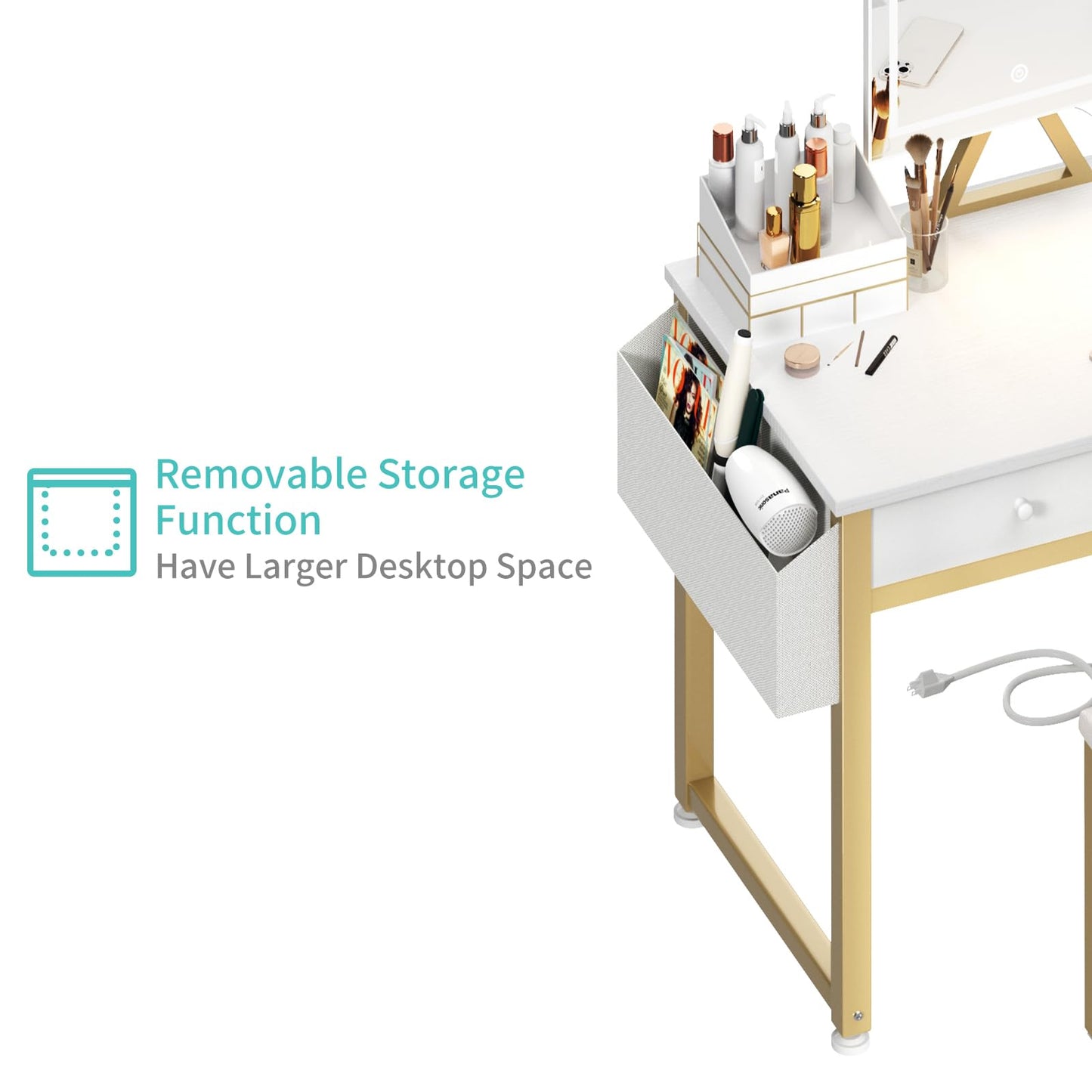 Lufeiya Small Makeup Vanity Desk with Mirror and Light, 32 inch White Vanity Desks Sets with Fabric Drawers for Girls Teen, Dressing Table and Chair Set with Power Outlet for Bedroom, White Gold