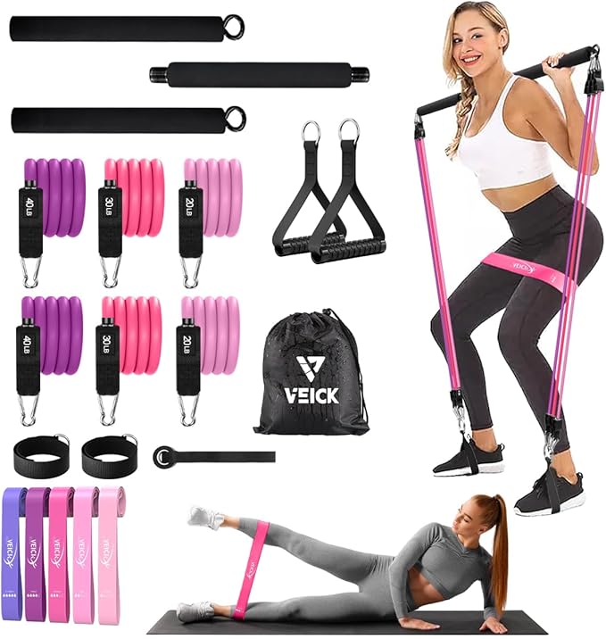 VEICK Pilates Bar Kit with Resistance Bands, Elastic Workout Bands for Men Women, Set of 5 Resistance Loop Bands for Home ...