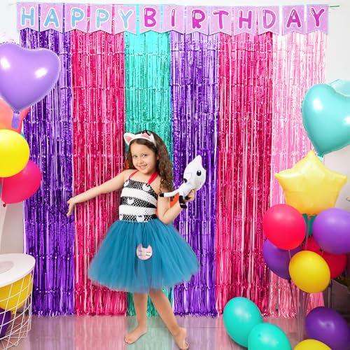 Cute Dollhouse Birthday Decorations, 4 Pack Dollhouse Party Photo Booth Prop, Purple Pink Teal Fringe Curtains Tinsel Phot...