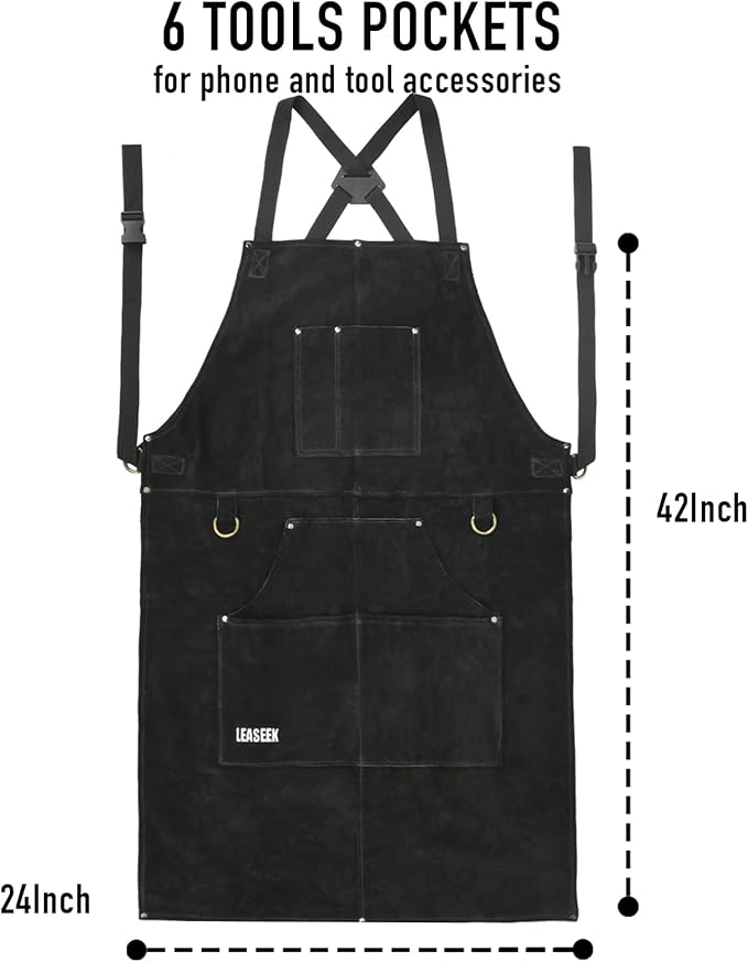 LeaSeek Leather Welding Apron,Heat & Flame-Resistant Heavy Duty Work Apron with 6 Pockets,Woodworking Shop Apron