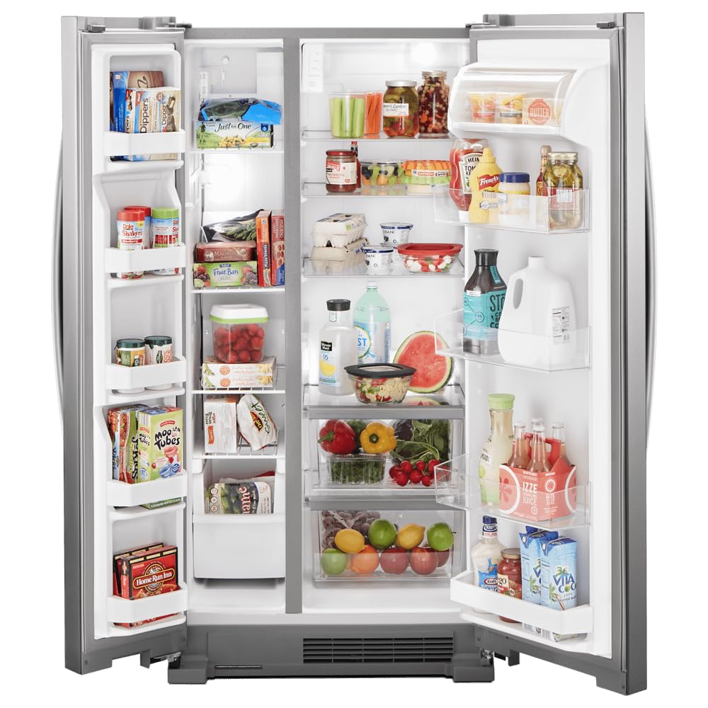 Whirlpool 33 Inch Freestanding Side by Side Refrigerator with 21.72 Cu. Ft. Total Capacity, Adjustable Gallon Door Bins, LED Interior Lighting, Hidden Hinges, Frameless Glass Shelves, Stainless Steel
