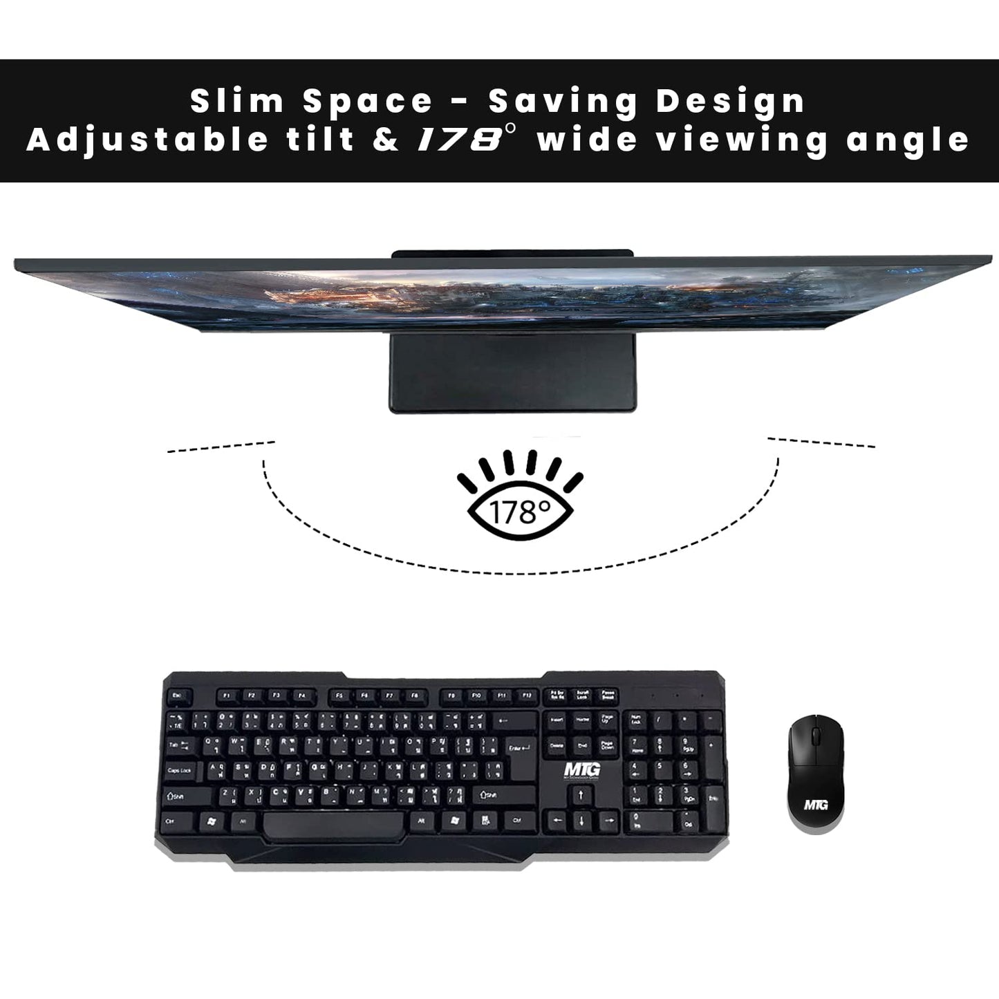 MTG 24" Curved Monitor Full HD 1080P Frameless Screen, HDMI DP USB Audio, Low Motion Blur, VESA Mount, Wireless Keyboard Mouse Combo, Computer Monitor for Gaming, Home and Office