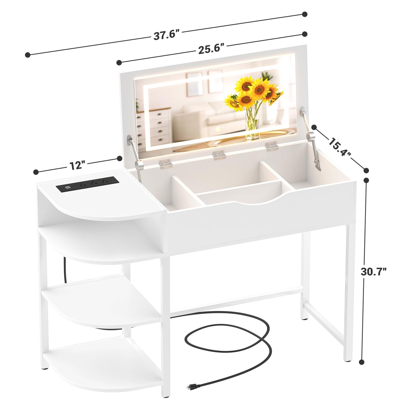 Cyclysio Vanity Desk with Flip Top Mirror and Lights, Makeup Vanity Desk with Drawers, Dressing Table with Storage Shelves & Charging Station, Small Vanity for Small Spaces, White