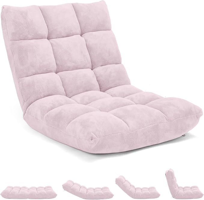 MAT EXPERT 14-Position Floor Chair, Floor Gaming Chair w/Soft Coral Fleece, Alloy Steel Frame, Padded Lazy Couch Recliner, Floor Chair with Back Support for Reading, Meditating (Pale Pink)