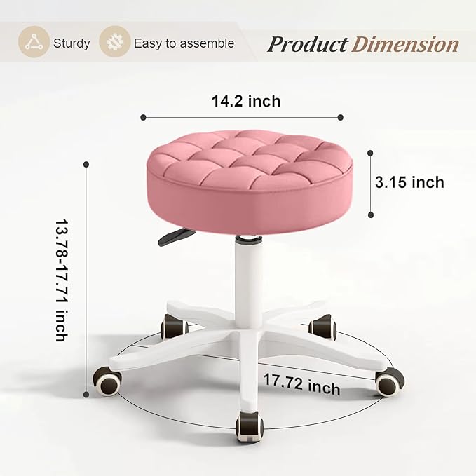 JPBSTO Small Rolling Stool with Wheels, PU Leather Height Adjustable Vanity Work Task Stool, 360 Swivel, Padded Seat Cushion,for Salon, Home, Office