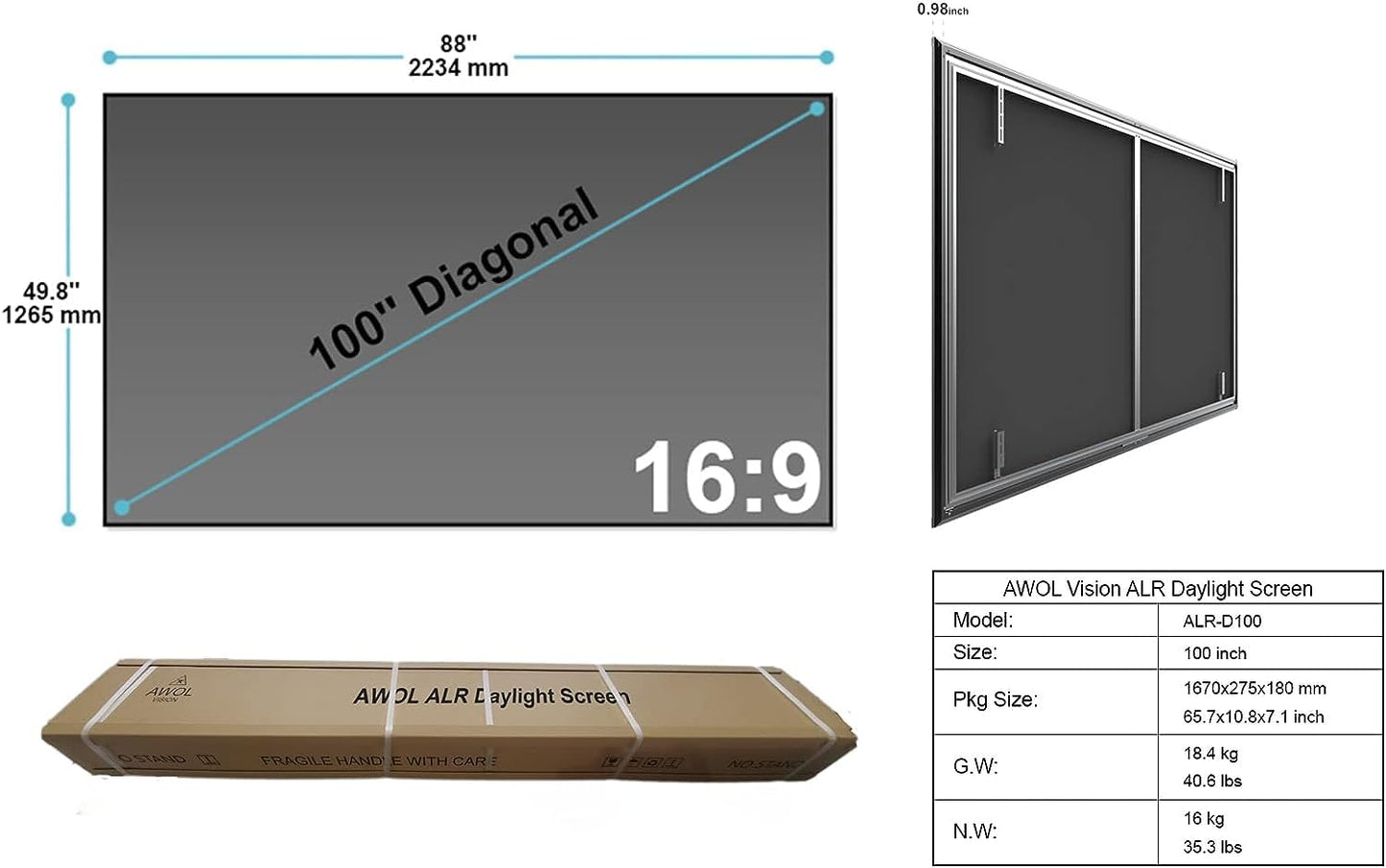 AWOL VISION 120" UST Projector Screen for Bright Day Light Using, 85% Ambient Light Rejecting (ALR) Fresnel Projector Screen for Ultra Short Throw Projector, Fixed Frame, Active 3D, HDR -D120