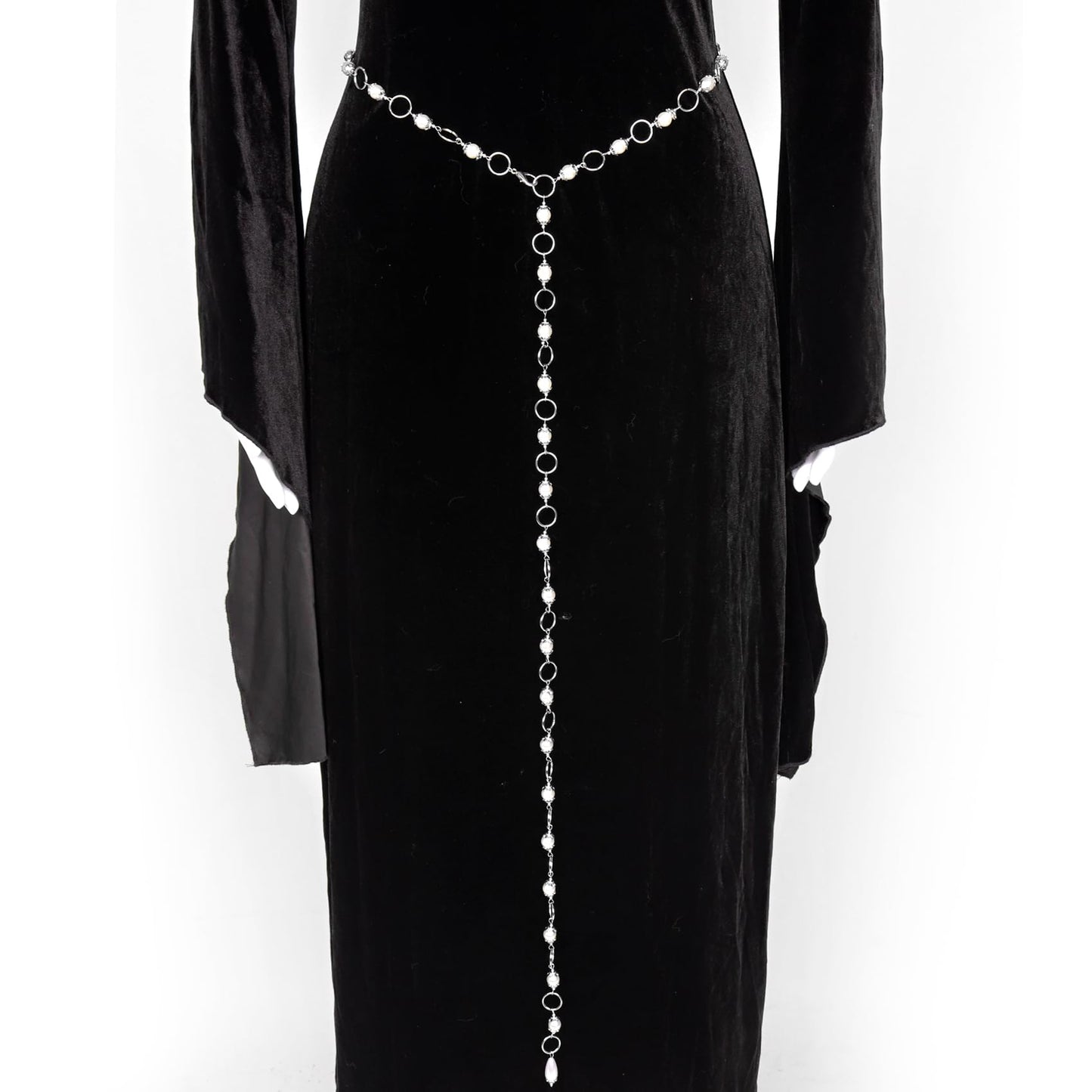 L'VOW Women's Renaissance Medieval Witch Belt - Silver Waist Chain With Concho Bead and Long Pearl for Dresses