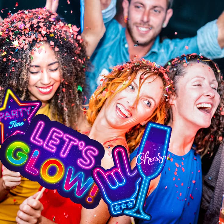 25pcs Glow Neon Photo Booth Props with Stick, Photo Props for Birthday Let's Glow Themed Neon Glow in The Dark Disco Black...